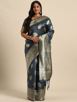 Sztori Woven Banarasi Silk Blend Saree(Grey)