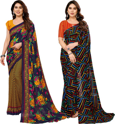 kashvi sarees Printed Daily Wear Georgette Saree(Pack of 2, Dark Blue, Yellow, Multicolor)