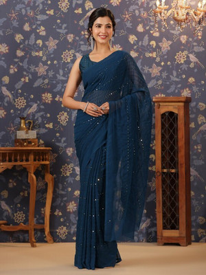 AVINASHI Embroidered Banarasi Georgette Saree(White)