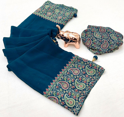 Chandan Fabrics Printed Kalamkari Jacquard Saree(Light Blue)