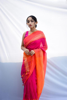Ghosh handloom Solid/Plain Handloom Cotton Blend Saree(Pink, Orange)