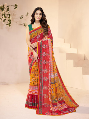 GARDEN VARELI Printed Bollywood Georgette Saree(Yellow)