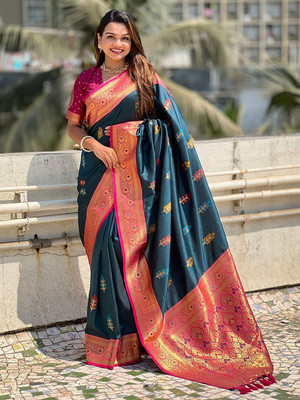 all about you Woven Daily Wear Silk Blend Saree(Green)