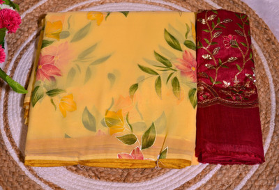 VaIdehi Floral Print, Embroidered, Embellished, Printed Bollywood Georgette Saree(Yellow)