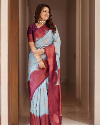 Visit Wear Solid/Plain Kanjivaram Art Silk Saree(Light Blue)