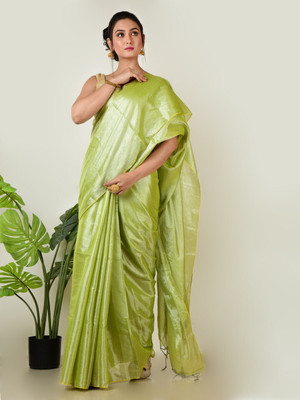 AAKAR Solid/Plain Handloom Handloom Tissue Saree(Green)