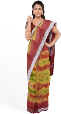 ASHMITAS COLLECTION Printed Bandhani Linen Saree(Yellow, Red)