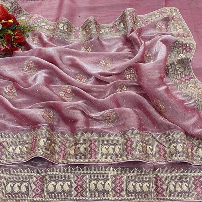 KanjiQueen Self Design, Embellished Banarasi Pure Silk, Organza Saree(Pink, Beige)