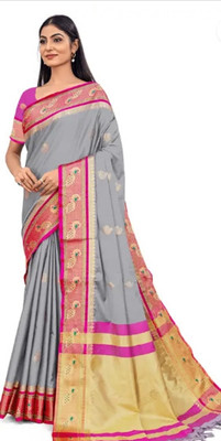 IRHA ENTERPRISE Woven Paithani Cotton Silk Saree(Grey)