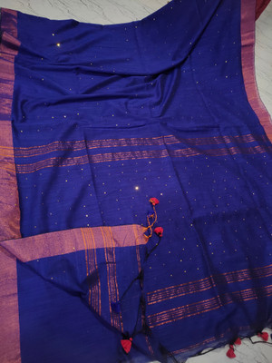 SAYAN CREATION Self Design Handloom Pure Cotton Saree(Blue)