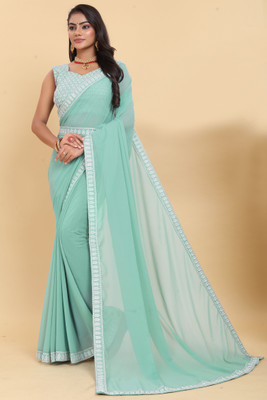 MYSTERY BOX Embroidered Bollywood Georgette Saree(Light Green)