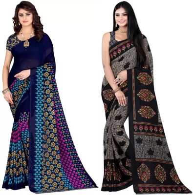 Leelavati Printed Daily Wear Georgette Saree(Pack of 2, Dark Blue, Grey)