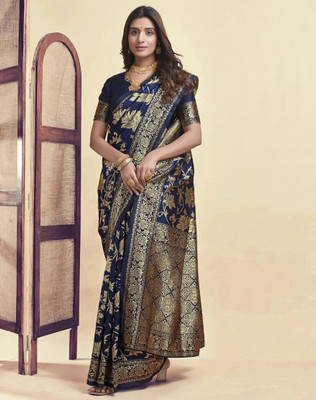 KANGLI Woven Banarasi Cotton Silk Saree(Dark Blue)