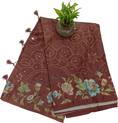 Bgcs Floral Print Banarasi Tussar Silk Saree(Brown)