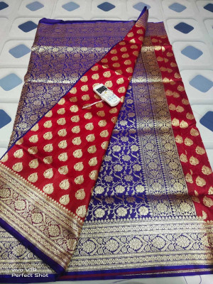 Ruhis collection Woven Banarasi Jacquard Saree(Red, Blue)