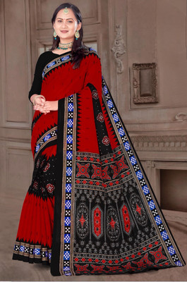SAREEWALLA Printed Handloom Cotton Blend Saree(Black, Red)