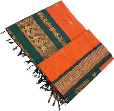 sri amman sarees Woven Gadwal Cotton Blend Saree(Orange)