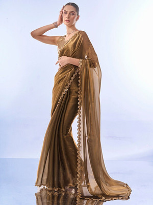 ROOP SUNDARI SAREES Woven, Solid/Plain, Embroidered Bollywood Pure Silk Saree(Brown)