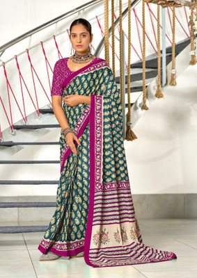 Divastri Blocked Printed, Printed Chanderi Cotton Blend Saree(Green)