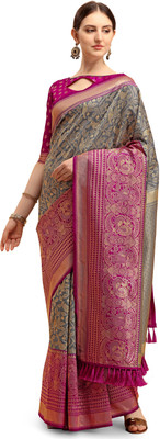 Arriva Fab Woven Banarasi Jacquard Saree(Grey)