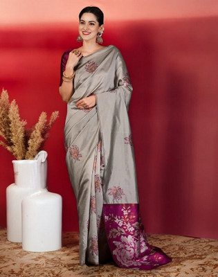 Divastri Floral Print Banarasi Silk Blend Saree(Light Blue)
