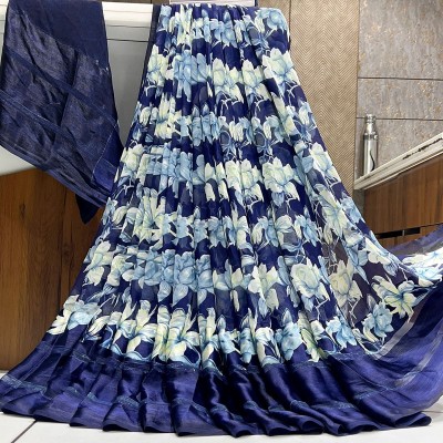 HANSIKA FASHION Floral Print Bollywood Georgette, Satin Saree(Blue)