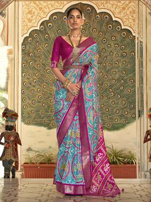 Sareemall Woven Ikkat Silk Blend Saree(Blue)