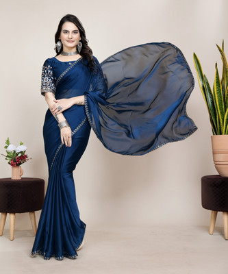 saanvi Self Design Bollywood Silk Blend Saree(Blue)