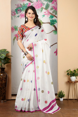 Handsel Woven Banarasi Jacquard, Silk Blend Saree(White)