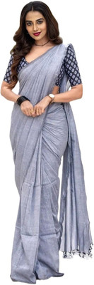 Trndysares Solid/Plain Handloom Handloom Cotton Blend Saree(Grey)