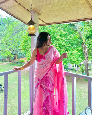 YASA CREATION Printed Mekhela Chador Cotton Blend Saree(Pink)