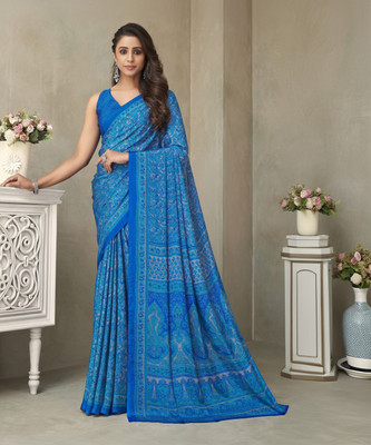 REBOOT FASHIONS Floral Print Bollywood Crepe, Silk Blend Saree(Blue)
