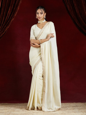 KASEE FASHION Solid/Plain Bollywood Pure Cotton Saree(Cream)