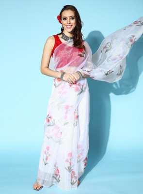 Divastri Floral Print Bollywood Organza Saree(White)