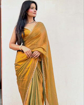 Online Bazaaar Solid/Plain Bollywood Chiffon, Pure Silk Saree(Gold)
