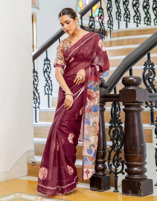 Samah Printed Daily Wear Linen Saree(Purple)