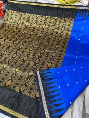 AYEZAL Temple Border, Woven, Striped Sambalpuri Handloom Art Silk Saree(Blue)