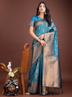 Tasrika Woven Kanjivaram Cotton Silk Saree(Blue)
