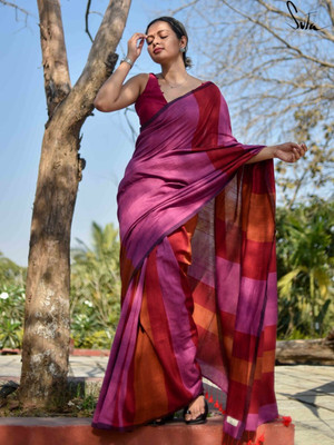 Ruuprekha Solid/Plain Handloom Cotton Blend Saree(Purple, Red)