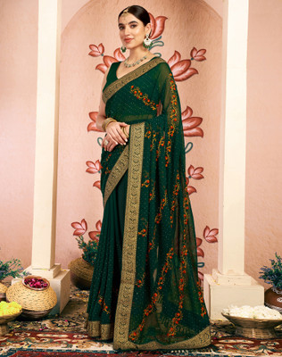 Divastri Embroidered, Embellished Bollywood Georgette, Lace Saree(Green)