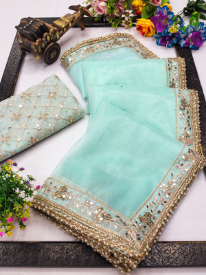 Dream Clouds Embellished Bollywood Net Saree(Blue)