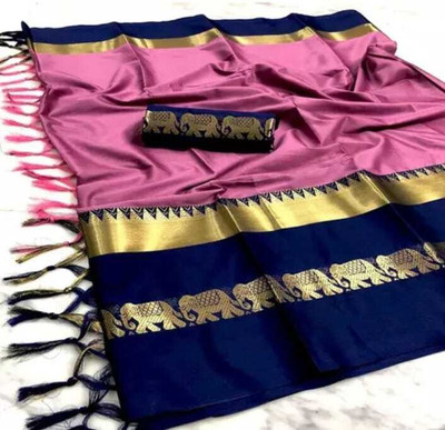 VK UNIQ Printed Banarasi Handloom Cotton Silk Saree(Pink)