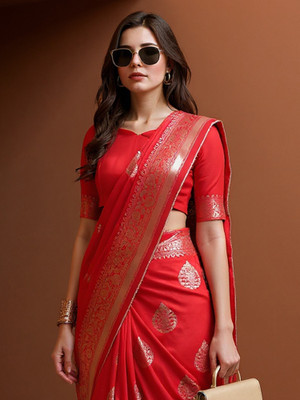 Sareemall Woven Banarasi Silk Blend Saree(Red)