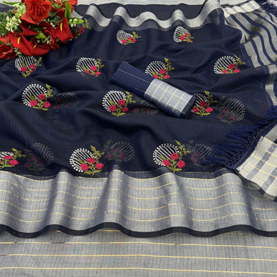 Vikash fab Embroidered Chettinadu Linen Saree(Dark Blue)