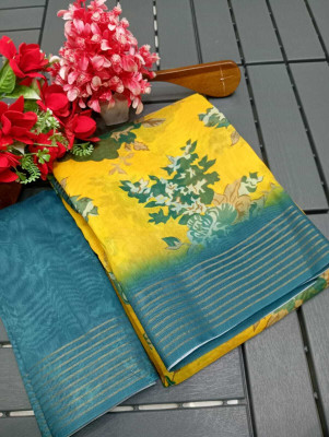 HouseOfCommon Floral Print Chanderi Chanderi, Pure Silk Saree(Yellow, Green)