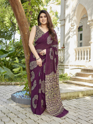 THE URBAN DIVA Printed Bollywood Georgette Saree(Purple, Cream)