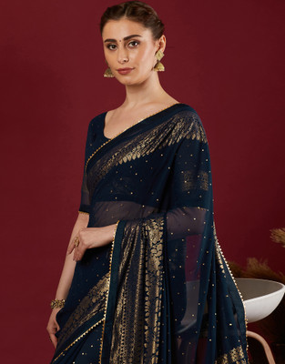 Samah Printed, Embellished Bollywood Georgette Saree(Blue)