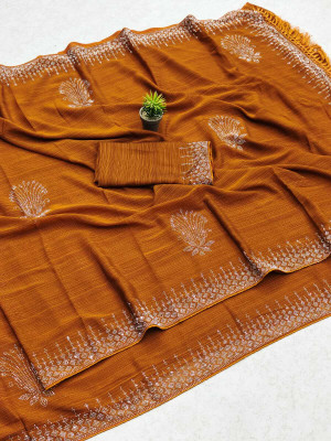 KHAJURIPRINTS Striped Bollywood Georgette Saree(Mustard)