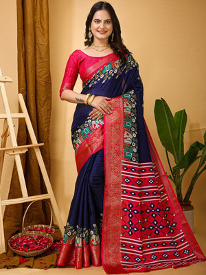 Anouk Rustic Printed Chinnalapattu Silk Blend Saree(Dark Blue)