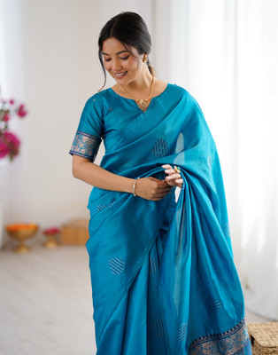 Samah Woven Banarasi Silk Blend Saree(Blue, Gold)